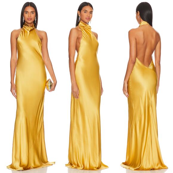 Amanda UprichardRainier Gown Tunisia Mustard Yellow Gold Silk Backless Maxi S